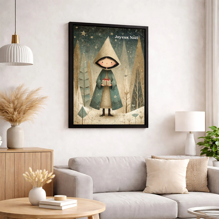 Joyeux Noël Snowy Forest Child Canvas | Whimsical Winter Wonderland Illustration | Gallery-Quality 1.25" Profile | Magical Holiday Home Decor Gift
