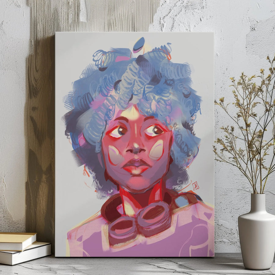 Abstract Portrait Canvas Print | Woman With Blue Hair & Headphones | Gallery Wrapped Premium Wall Art | Contemporary Music Lover Gift