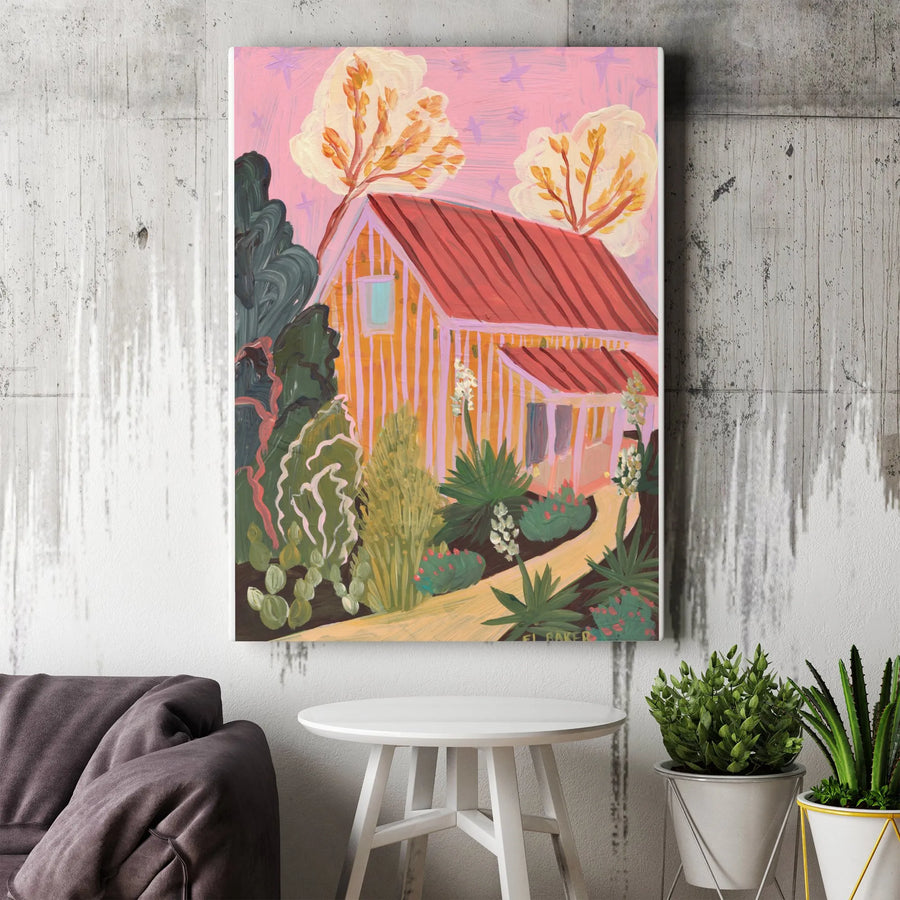 Hill Country Cottage Canvas Wall Art | Pink Sky Countryside Painting | Premium Gallery Wrapped Canvas | Modern Farmhouse Decor Gift