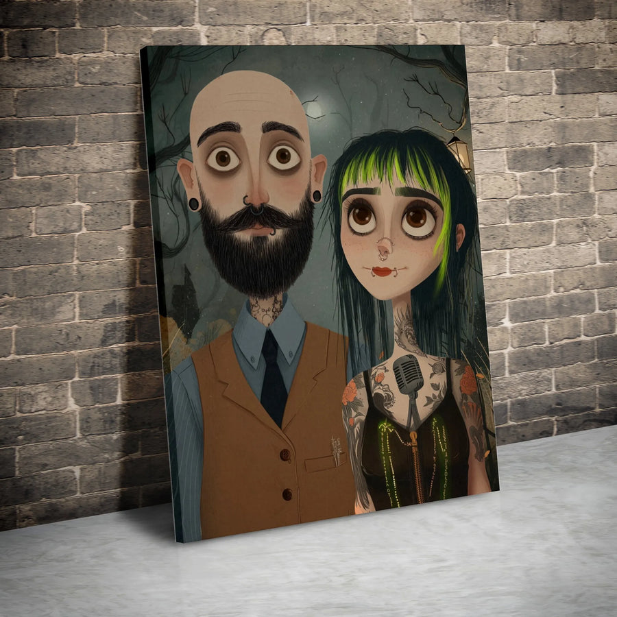 Gothic Couple Portrait Canvas | Big Eye Cartoon Style Wall Art | Premium Thick Gallery Wrap Canvas | Unique Anniversary Gift for Alternative Couple