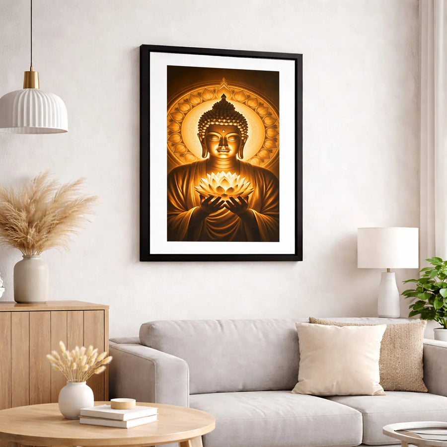 Golden Buddha Canvas Wall Art | Glowing Lotus Meditation Print | Premium Gallery Wrap 1.25" Profile | Spiritual Home Decor & Zen Gift