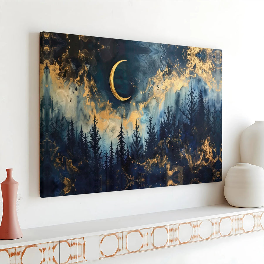 Celestial Forest Canvas Wall Art | Abstract Pine Trees with Gold Crescent Moon | Gallery Wrapped Premium Canvas | Modern Living Room Decor Gift
