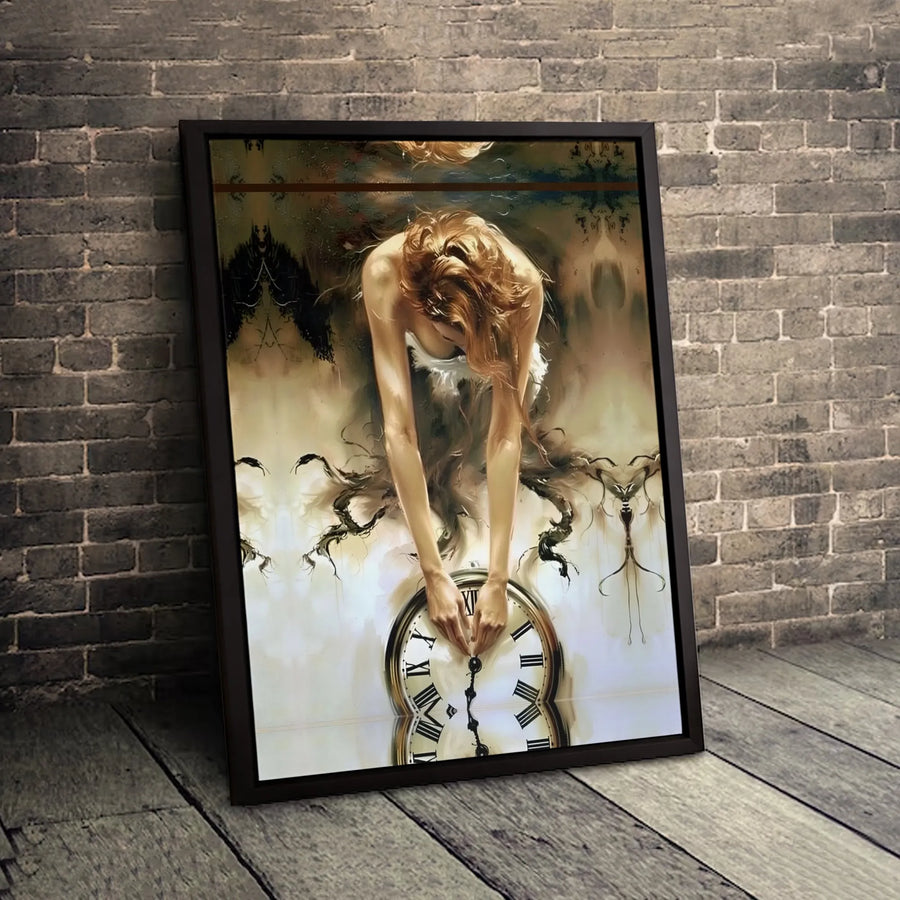 Surreal Woman With Clock Canvas Art | Abstract Time Theme Wall Decor | Gallery-Wrapped Premium Print | Sophisticated Modern Home Gift