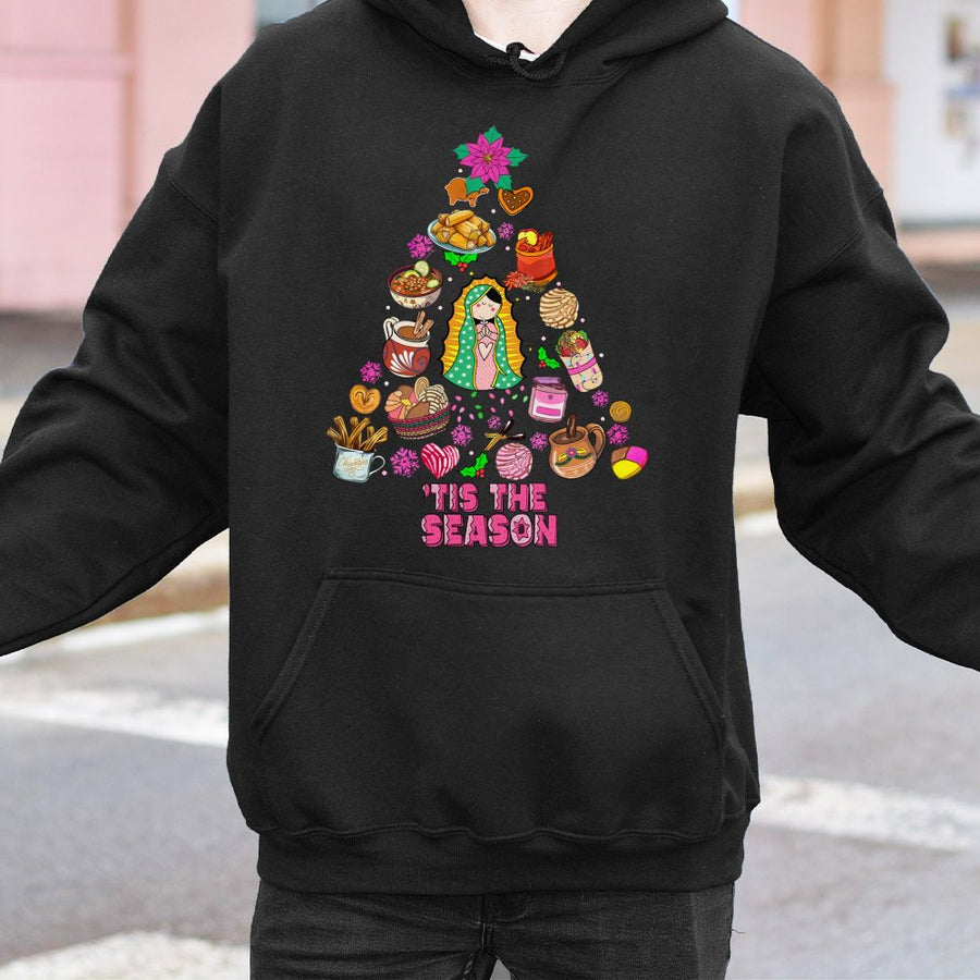 Our Lady Of Guadalupe Christmas Hoodie | Mexican Holiday Food Graphic | Cotton-Poly Blend Sweatshirt | Latina Cultural Gift For The Holidays