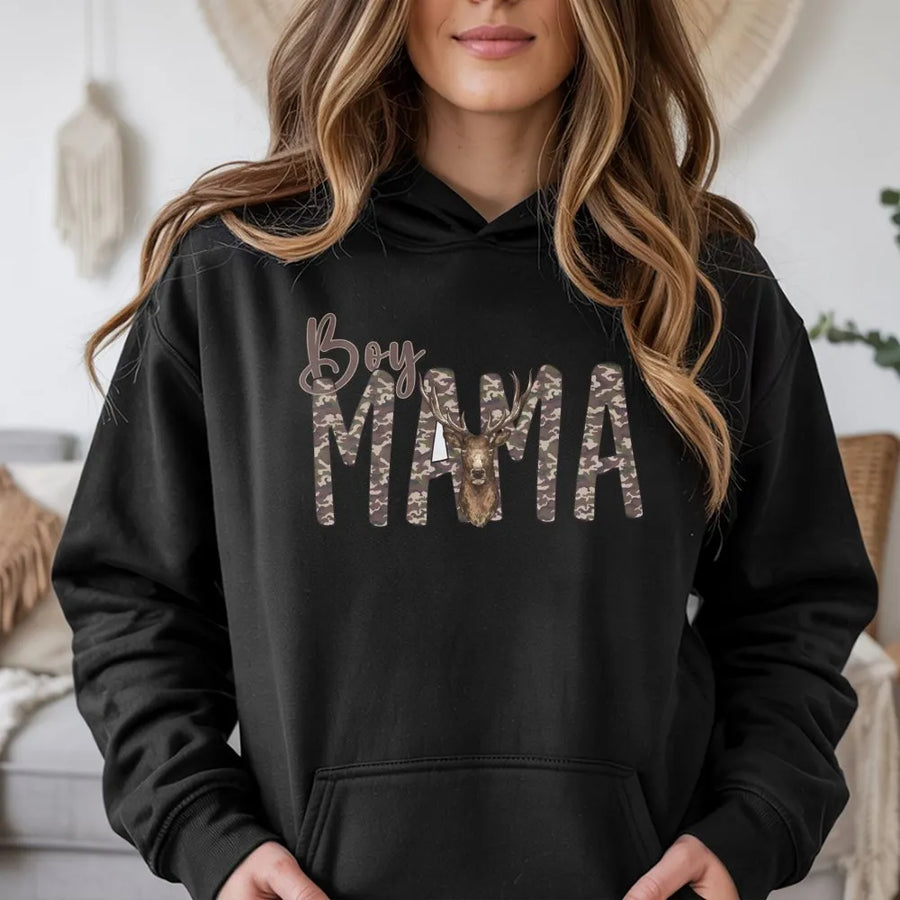 Boy Mama Camo Hoodie | Rustic Deer Antler Graphic Print | Premium Cotton-Blend | Trendy Gift for Country Moms and Outdoor Enthusiasts