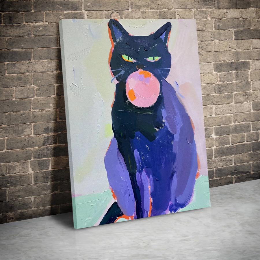 Black Cat Bubble Gum Canvas Art | Abstract Pet Wall Decor | 1.25 Inch Gallery Wrap Print | Whimsical Animal Lover Gift