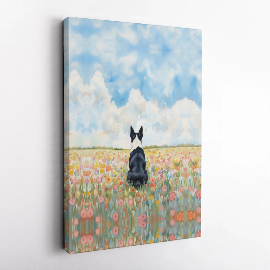Boston Terrier Canvas Wall Art | Watercolor Dog in Flower Meadow | Premium Gallery Wrap Print | Gift for Dog Lover, Modern Pet Decor