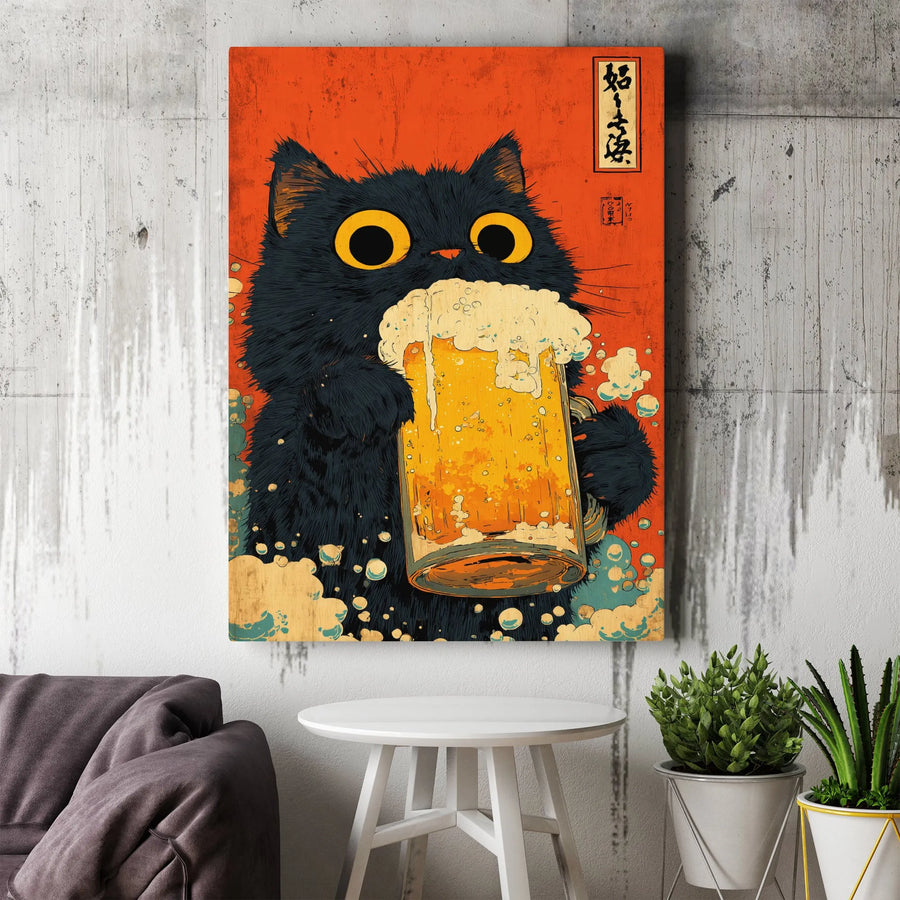 Japanese Black Cat Drinking Beer Wall Art | Ukiyo-e Style Illustration | Premium Gallery Canvas | Funny Bar Decor Gift For Beer Lovers