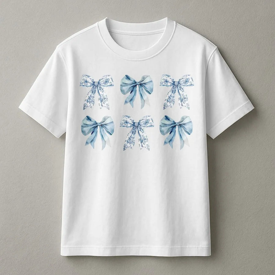 Toile Bow T-Shirt | Blue Ribbon Coquette Aesthetic Graphic Tee | 100% Cotton Premium Comfort | Trendy Gift For Her