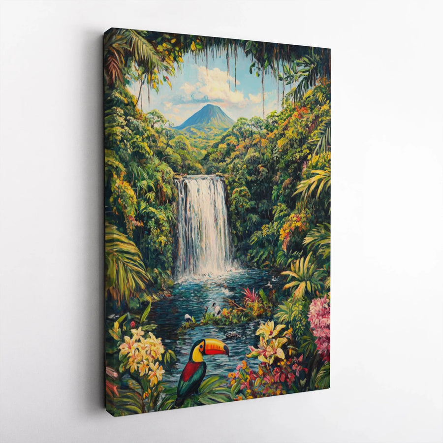 Jungle Waterfall Canvas Print | Tropical Toucan and Volcano Art | Premium Fade-Resistant Canvas | Nature Lover Wall Decor Gift