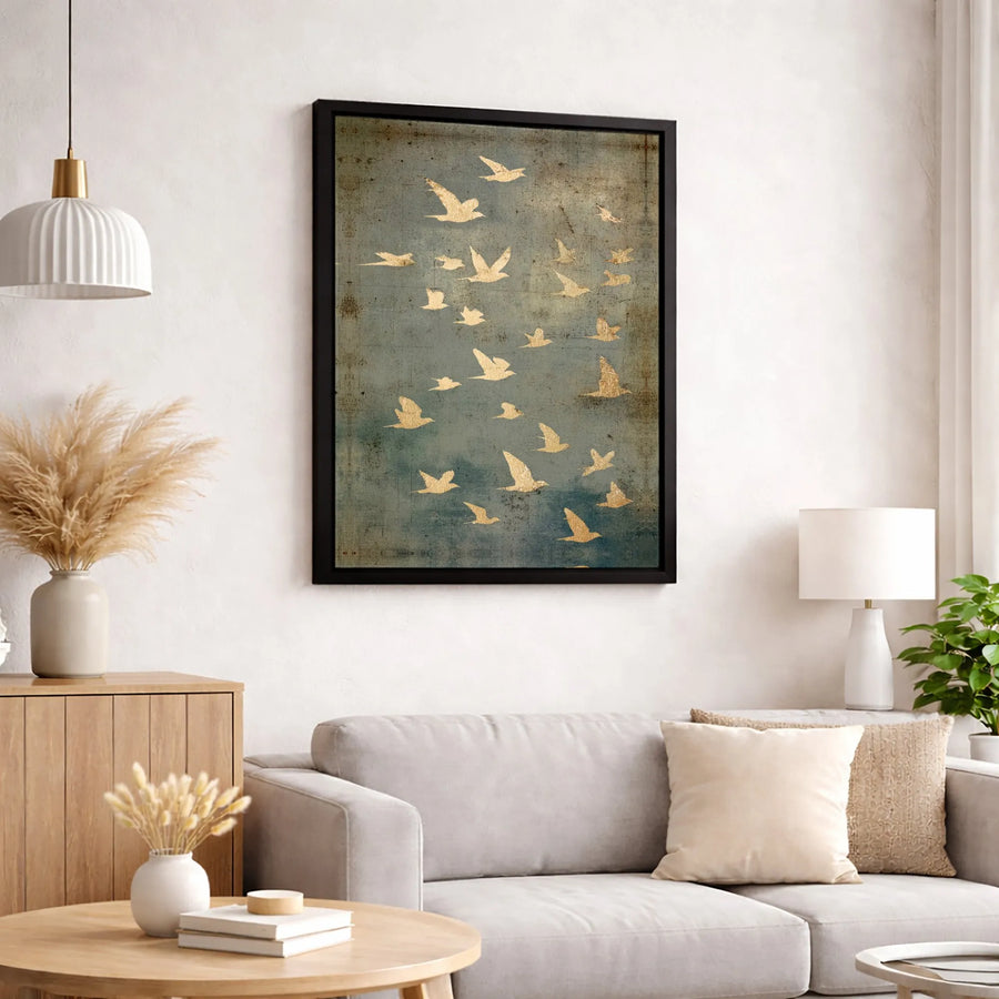 Flying Birds Canvas Wall Art | Golden Flock Nature Print | 1.25-Inch Gallery Wrap | Premium Minimalist Home Decor Gift