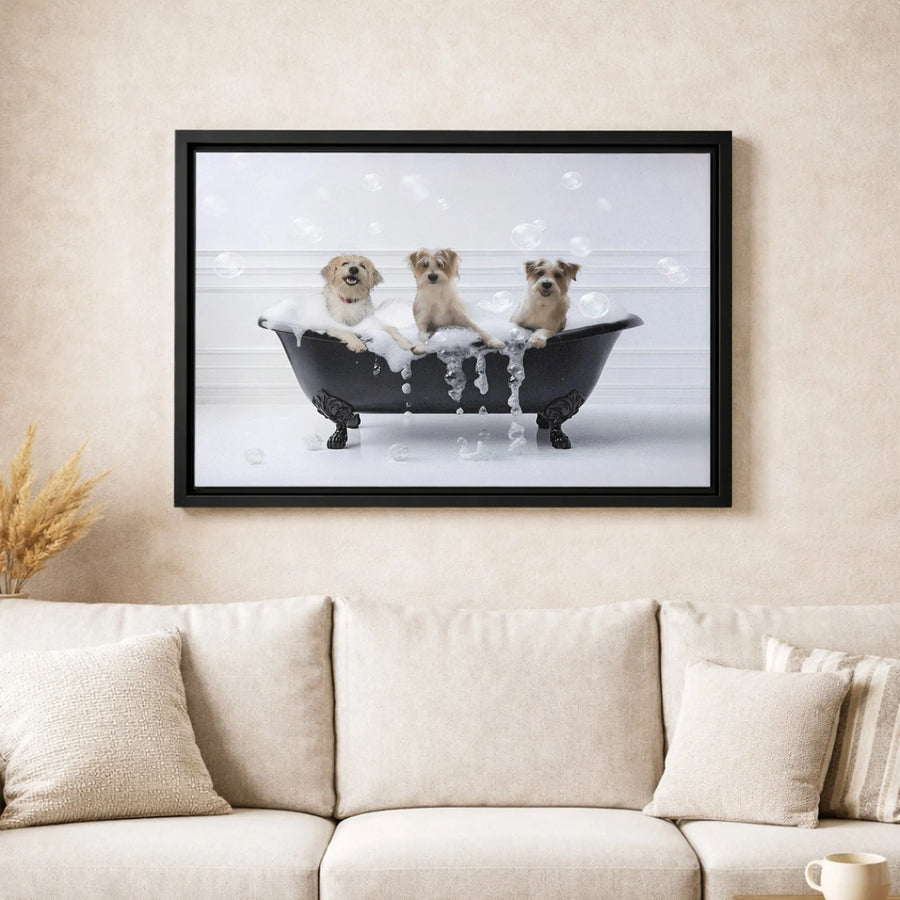 Dogs In Clawfoot Tub Canvas Art | Funny Dog Bubble Bath Photography | Premium Gallery-Wrapped Wall Decor | Unique Gift For Dog Lovers