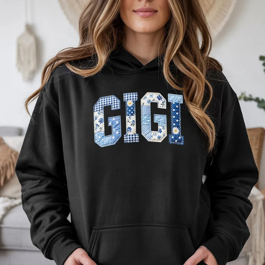 Gigi Hoodie | Blue Patchwork Faux Appliqué Letters | Soft Cotton Tee | Mothers Day Gift for New Grandma