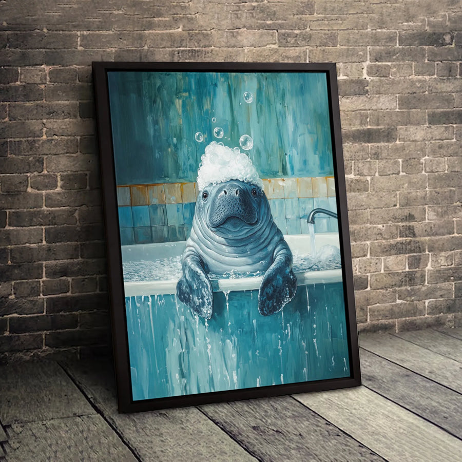 Manatee Bubble Bath Wall Art | Whimsical Sea Cow Bathroom Decor | 1.25 Inch Premium Gallery Wrapped Canvas | Unique Ocean Animal Gift for Kids & Home