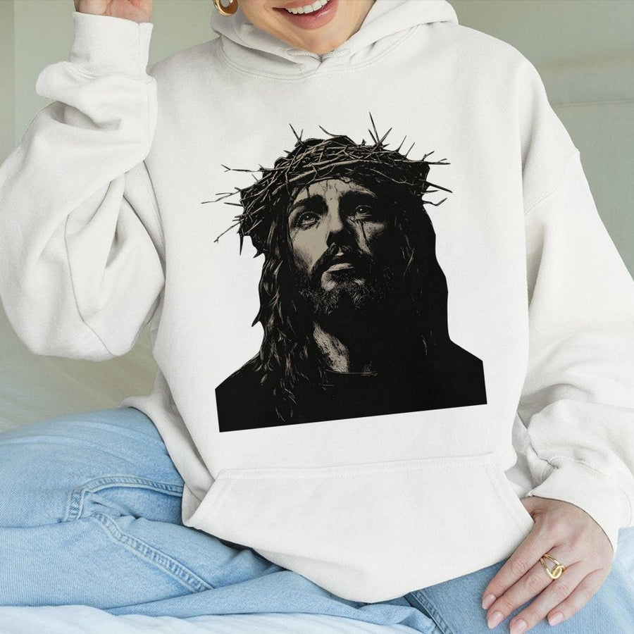 Jesus Hoodie | Crown of Thorns Graphic | Premium Cotton-Blend Apparel | Faith-Based Christian Gift for Him or Her