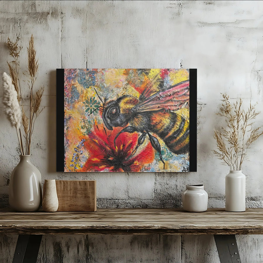 Bumblebee On Red Flower Canvas Print | Vibrant Textured Floral Wall Art | Premium 1.25-Inch Gallery Wrap | Nature-Inspired Home Decor Gift