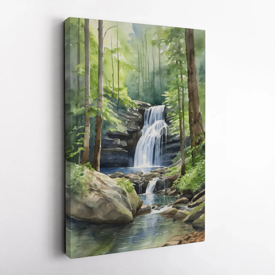 Forest Waterfall Canvas Wall Art | Watercolor Nature Landscape Print | Premium 1.25-Inch Gallery Wrap | Serene Home Office Decor Gift