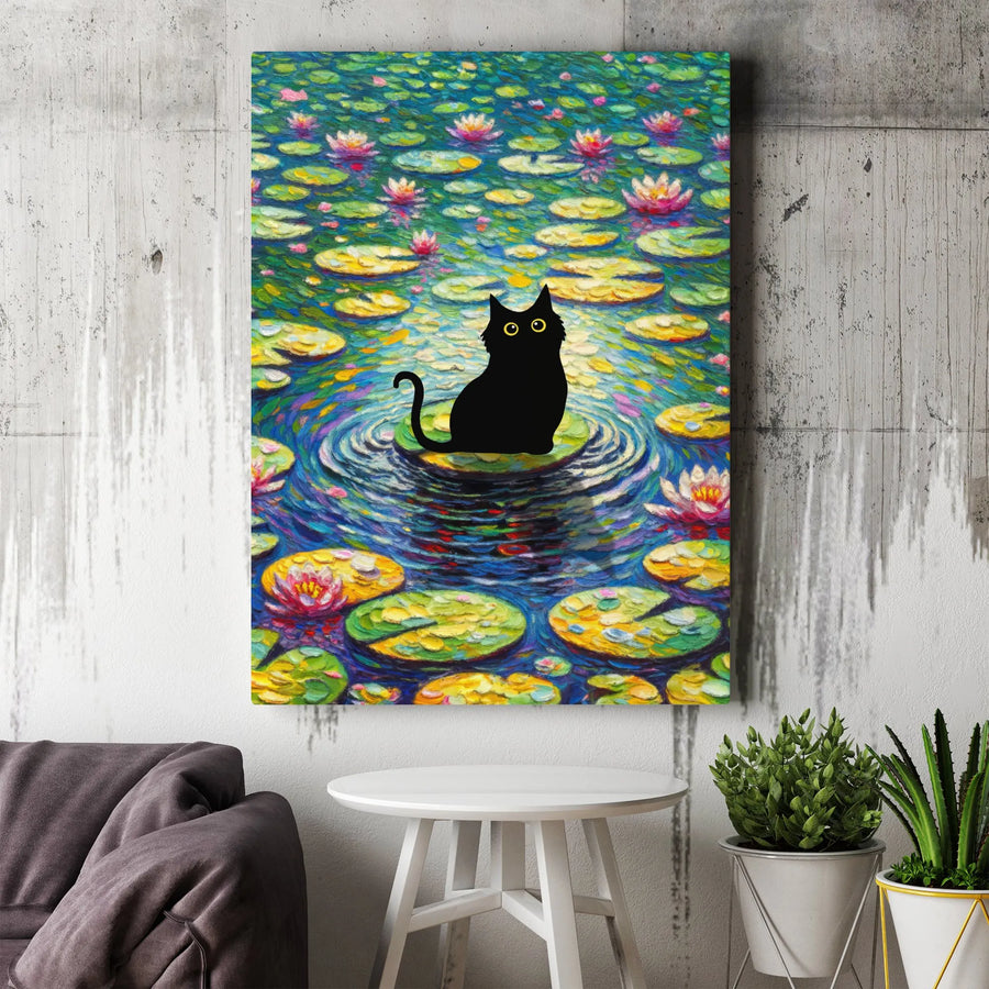 Black Cat Canvas Wall Art | Impressionist Water Lily Pond Print | Premium Fade-Resistant Gallery Wrap | Whimsical Animal Decor Gift for Cat Lovers