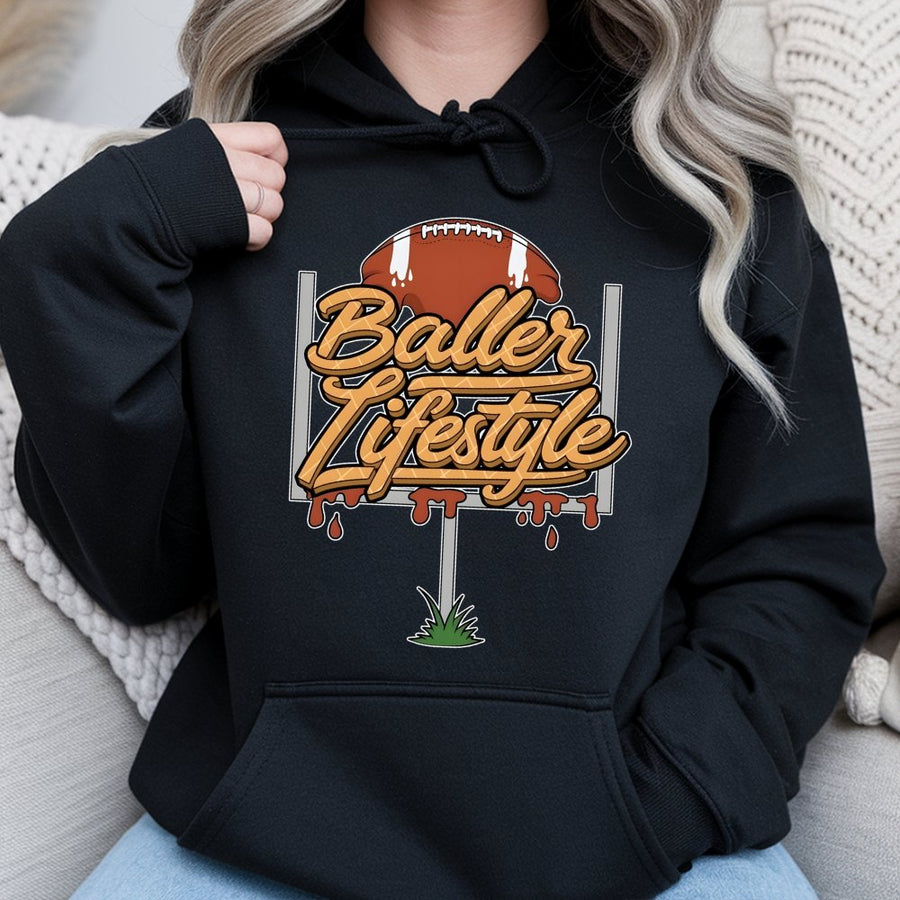 Baller Lifestyle Football Hoodie | Drip Goal Post Graphic | Premium Cotton Blend | Unisex Sports Fan Gift for Teens and Adults