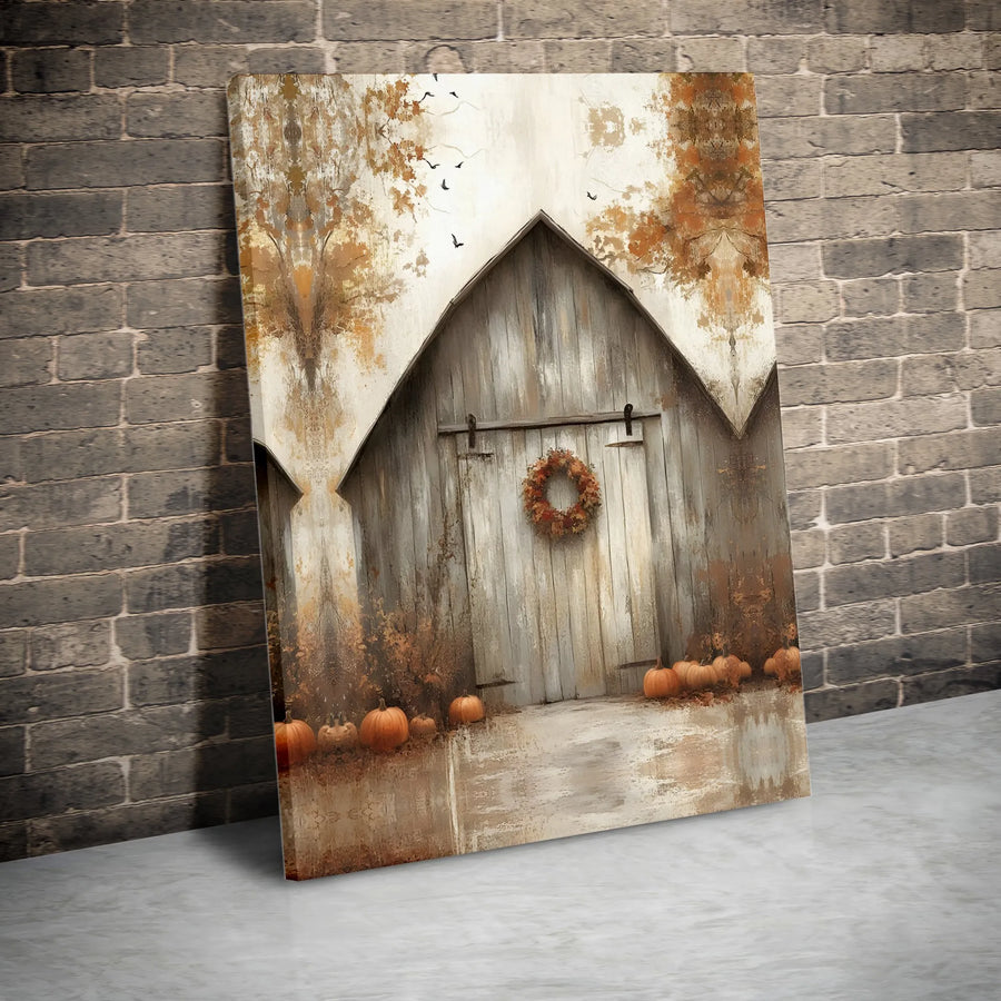 Rustic Autumn Barn Canvas Art | Farmhouse Fall Wreath & Pumpkin Decor | Premium Gallery Wrap Print | Seasonal Living Room Wall Hanging Gift