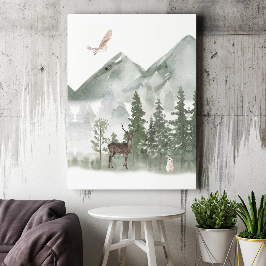 Watercolor Woodland Nursery Canvas | Forest Deer Owl and Rabbit Wall Art | Premium Gallery Wrap | Nature-Inspired Gift for Kids Room Decor