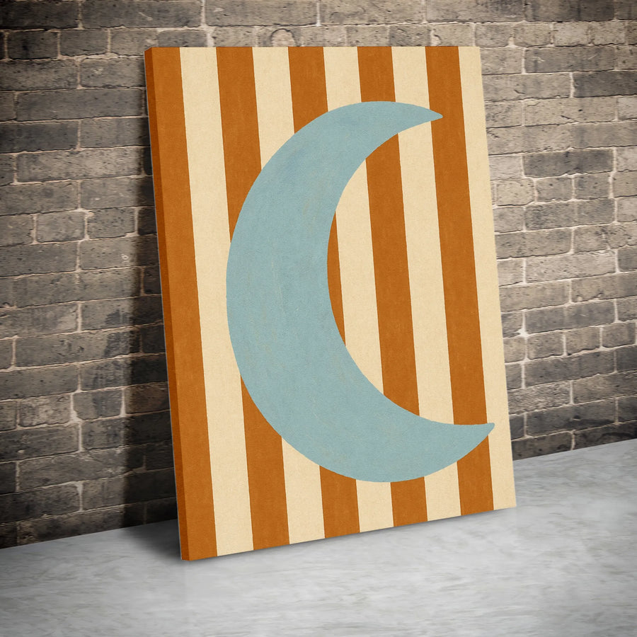 Mid Century Modern Moon Wall Art | Abstract Crescent Moon With Geometric Stripes | Premium Fade-Resistant Canvas | Minimalist Home Decor Gift