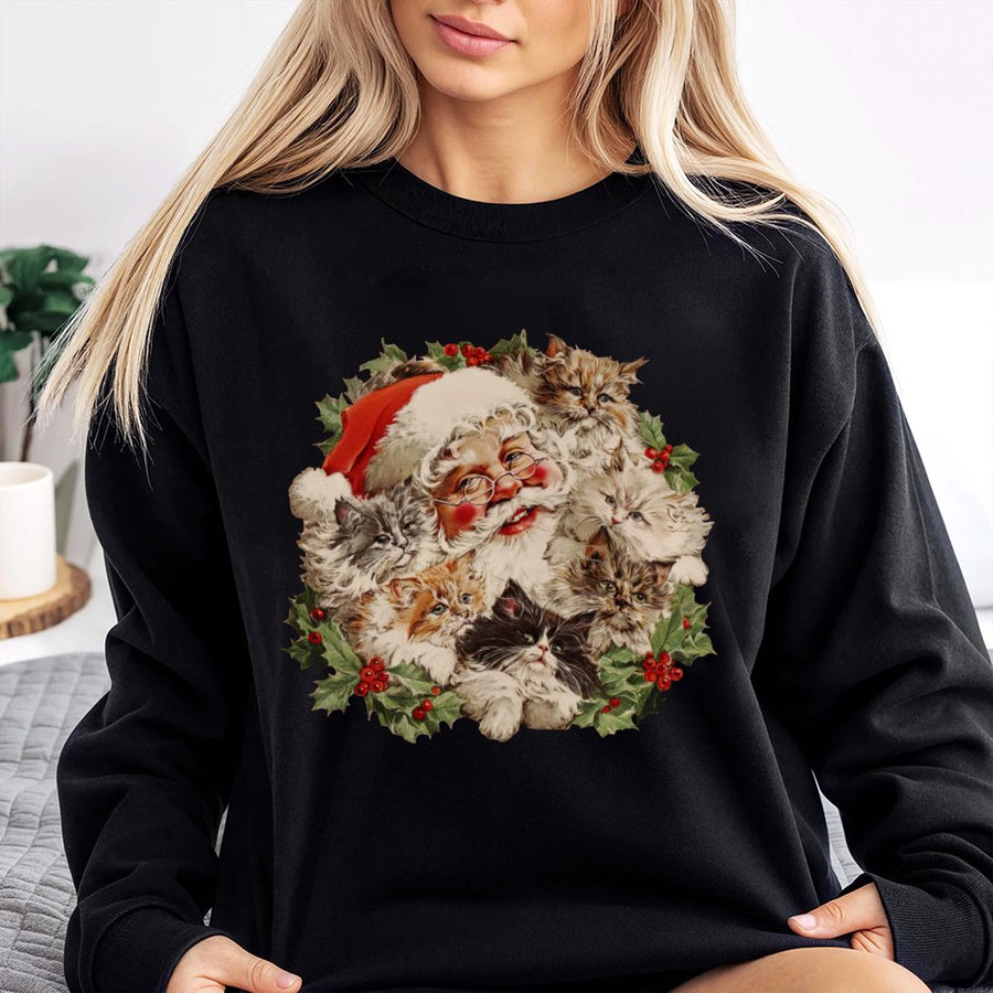 Santa Kittens Christmas Sweatshirt | Vintage Style Cat Lover Holiday Design | Premium Cotton Blend | Funny Xmas Gift For Women And Men