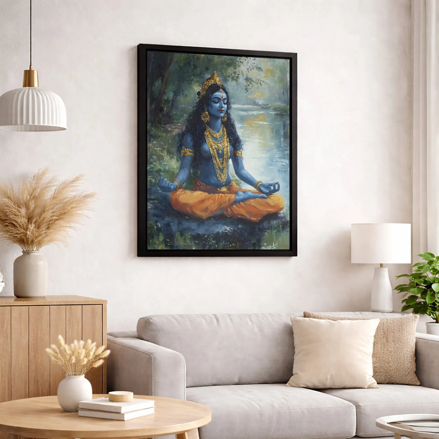 Hindu Goddess Meditating Wall Art | Krishna In Lotus Pose Spiritual Decor | Premium Fade-Resistant Canvas | Zen Gift for Meditation Room