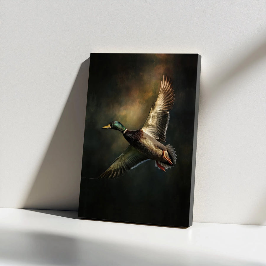 Mallard Duck Canvas Wall Art | Flying Bird Nature Portrait | Gallery Wrap Premium Print | Rustic Lodge Decor Gift for Hunters