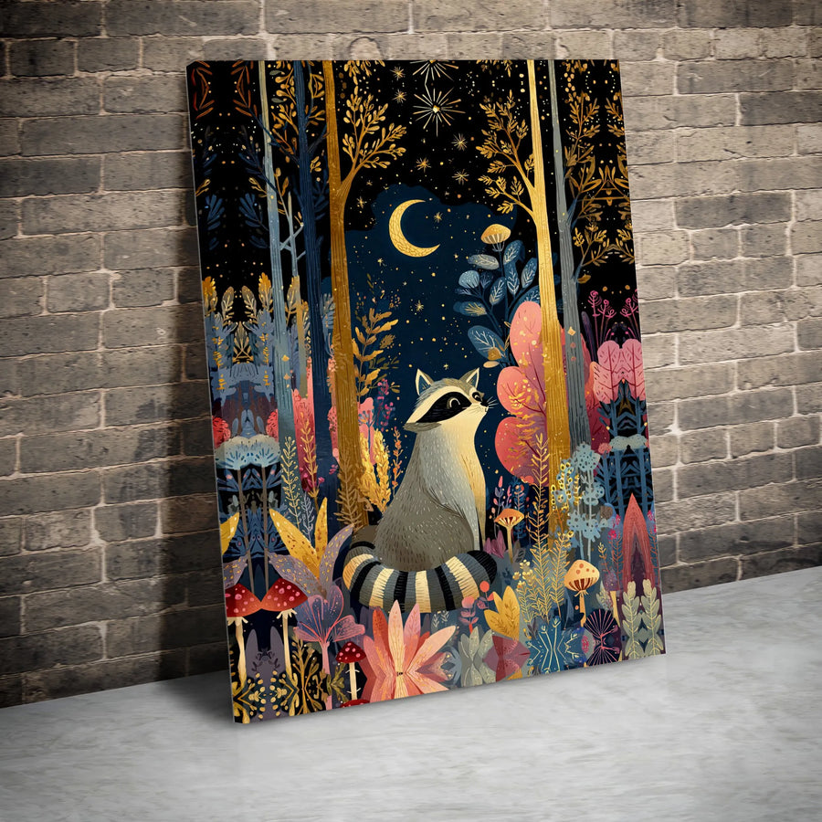 Whimsical Raccoon Canvas Print | Magical Midnight Forest Wall Art | Premium Gallery Wrapped Canvas | Woodland Animal Nursery Decor Gift