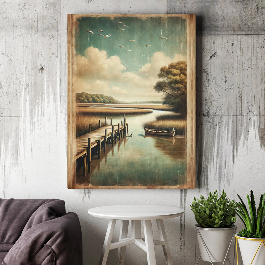 Coastal Marsh Canvas Wall Art | Vintage Lowcountry Pier And Boat Scene | 1.25-Inch Premium Gallery Wrap | Serene Nature Decor For Home Or Office