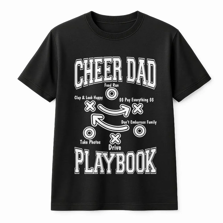Cheer Dad Playbook T-Shirt | Funny Football Style Coaching Design | 100% Cotton Premium Tee | Best Gift for Cheerleading Fathers