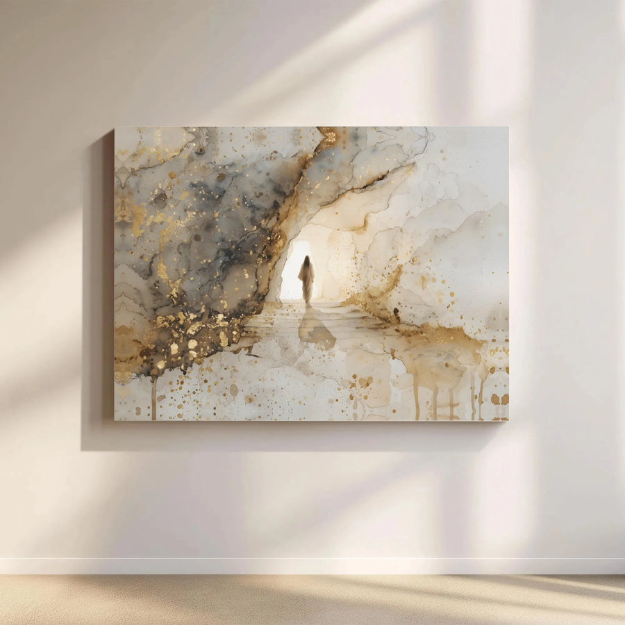 Jesus Resurrection Canvas Wall Art | Abstract Empty Tomb Gold Foil Effect | Premium Gallery Wrapped Decor | Christian Faith Home Gift