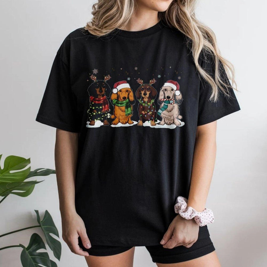 Dachshund Christmas T-Shirt | Festive Dog With Santa Hats Design | Premium 100% Cotton | Cute Holiday Gift For Dog Lovers