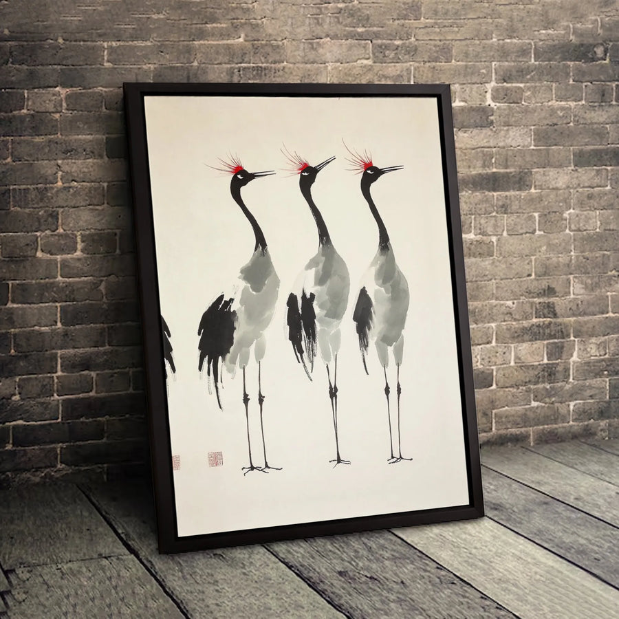 Japanese Red-Crowned Crane Canvas Wall Art | Minimalist Sumi-E Ink Wash Painting | Gallery-Quality 1.25" Profile | Zen Home Decor Gift