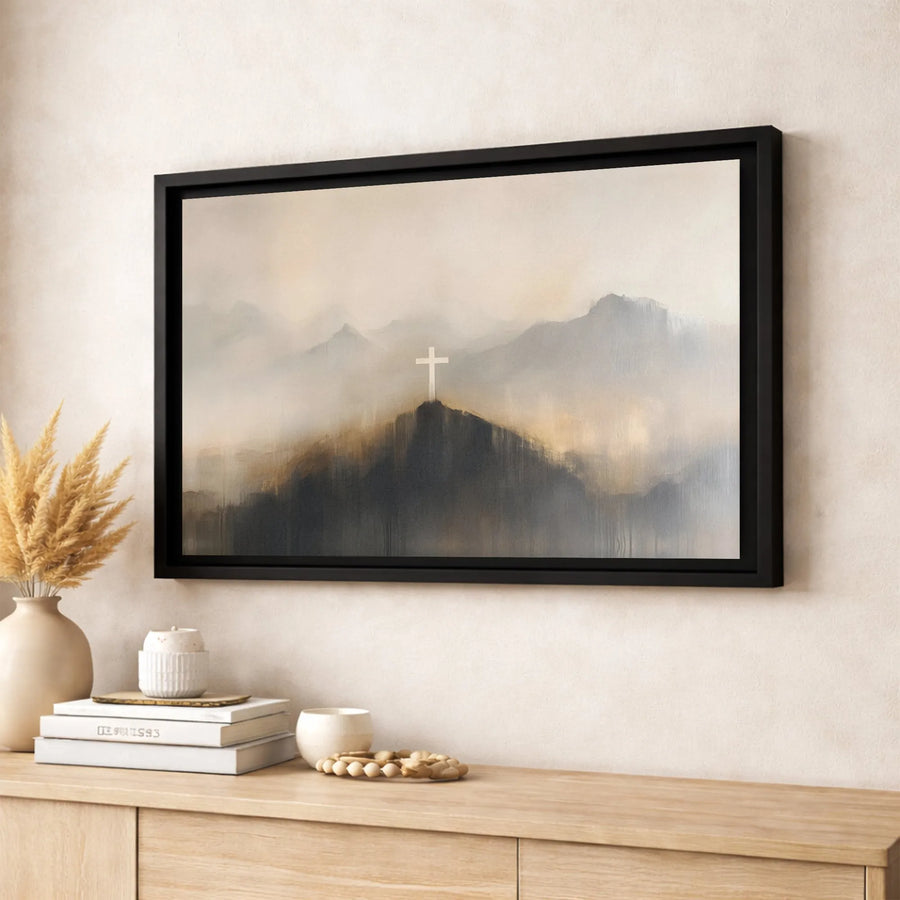 Christian Cross Mountain Canvas Art | Moody Foggy Landscape Print | 1.25 Inch Gallery Wrap | Religious Home Decor Gift for Faithful