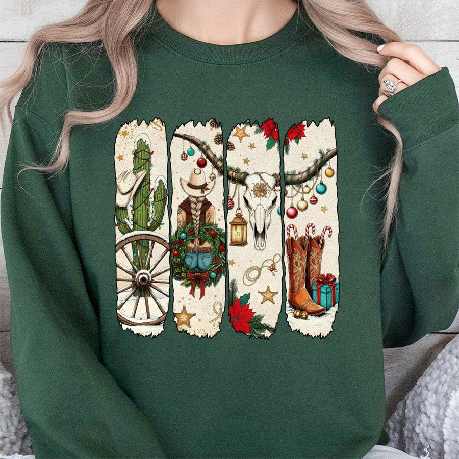 Cowgirl Christmas Sweatshirt | Western Holiday Graphic Design | Premium Cotton Blend | Festive Cowboy Boots Gift For Her