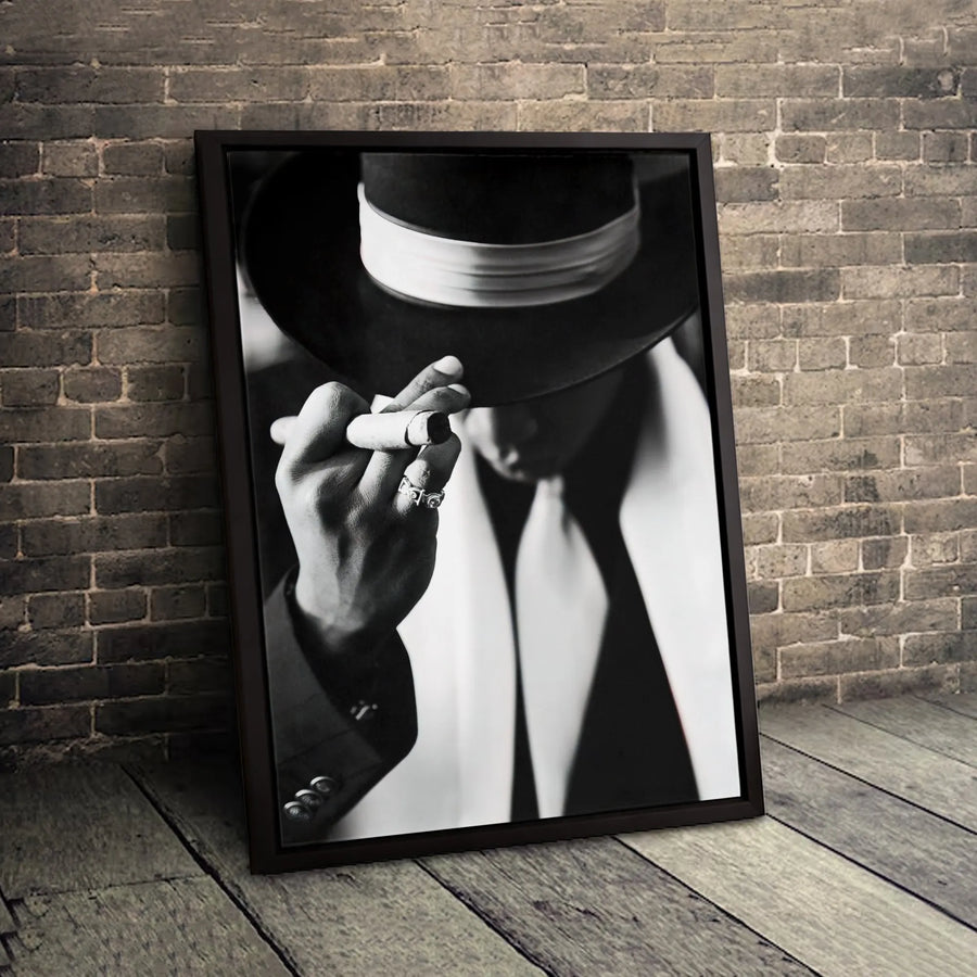 Man In Fedora With Cigar Wall Art | Classy Monochrome Portrait | Premium 1.25" Gallery Canvas | Sophisticated Home Office Decor