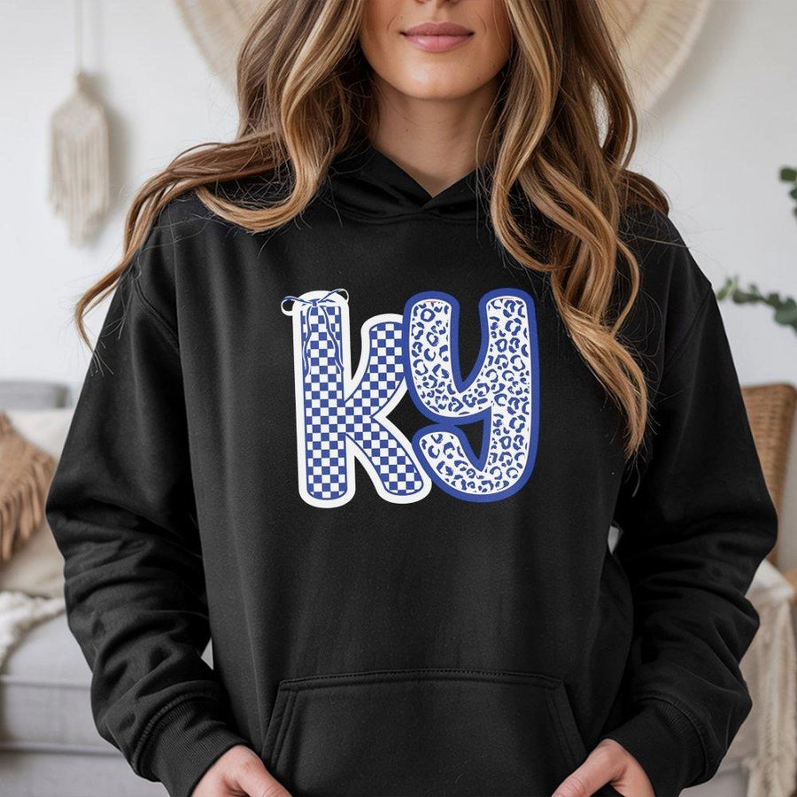 Kentucky Hoodie | Leopard Checkerboard KY State Graphic | Premium Cotton Blend Sweatshirt | Cute Trendy Gift for Kentucky Women