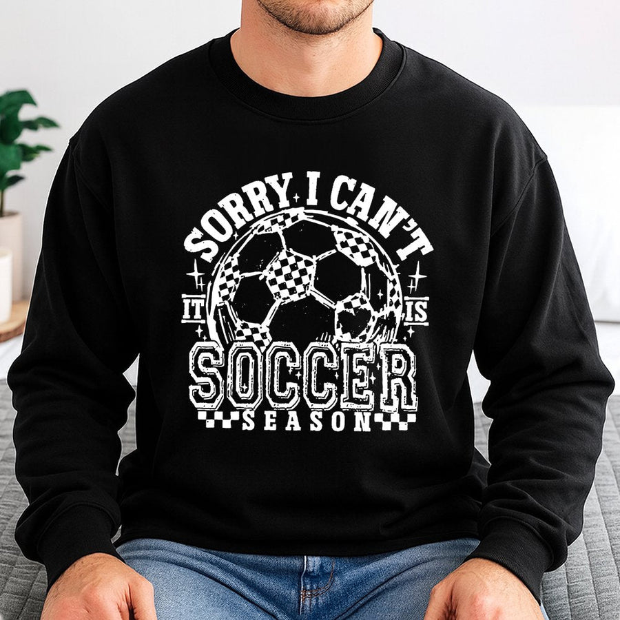 Sorry I Can't It's Soccer Season Sweatshirt | Retro Checkered Ball Graphic | Premium Cotton Blend | Gift for Soccer Moms and Players