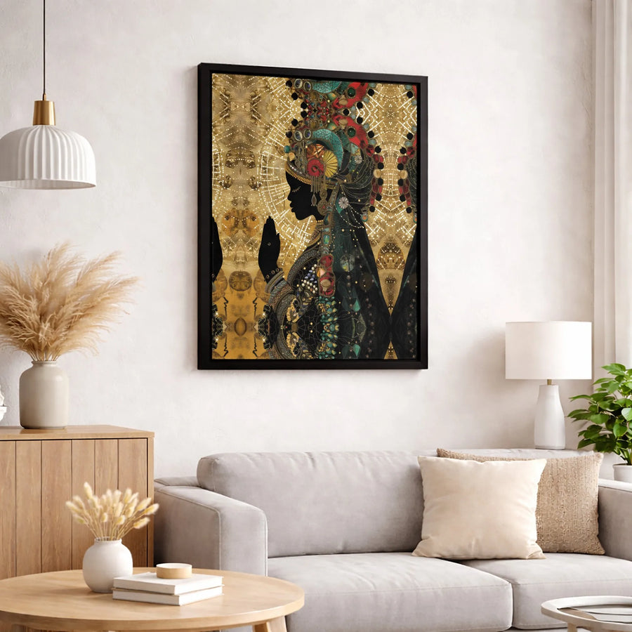 African Queen Wall Art | Ornate Gold Headdress Canvas Print | Premium Gallery Wrapped Decor | Spiritual Afrocentric Home Gift