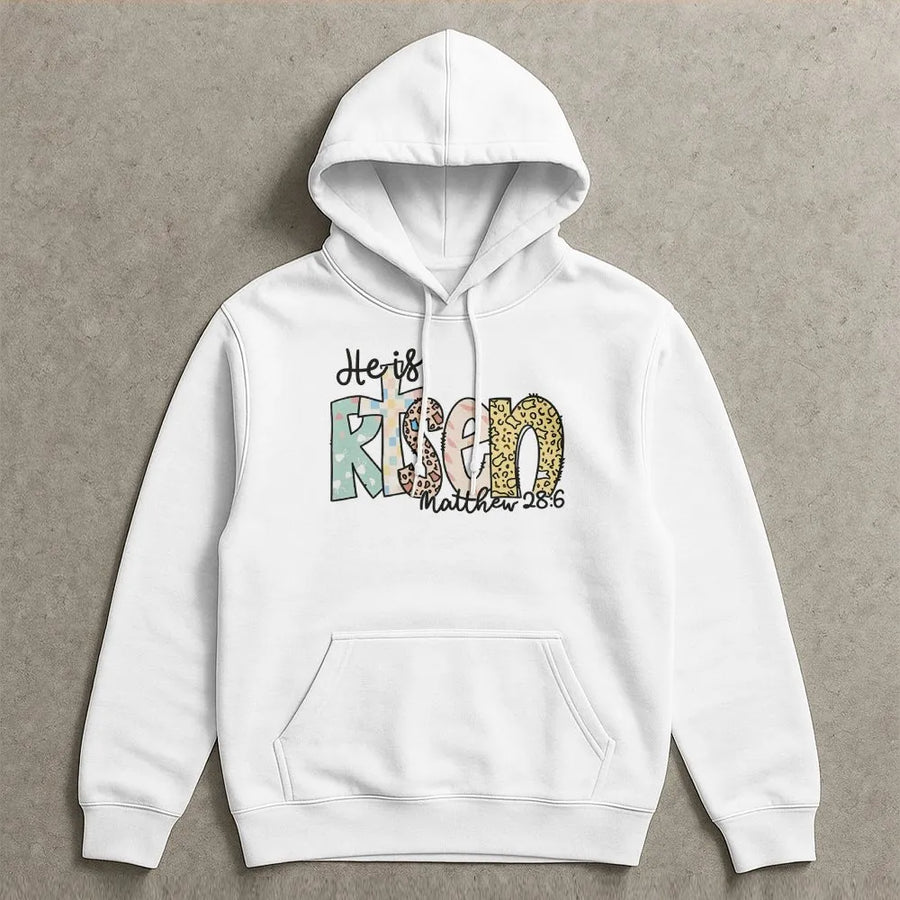 He Is Risen Hoodie | Leopard Print Cross Religious Graphic | Premium Cotton Blend | Christian Easter Gift for Women and Men