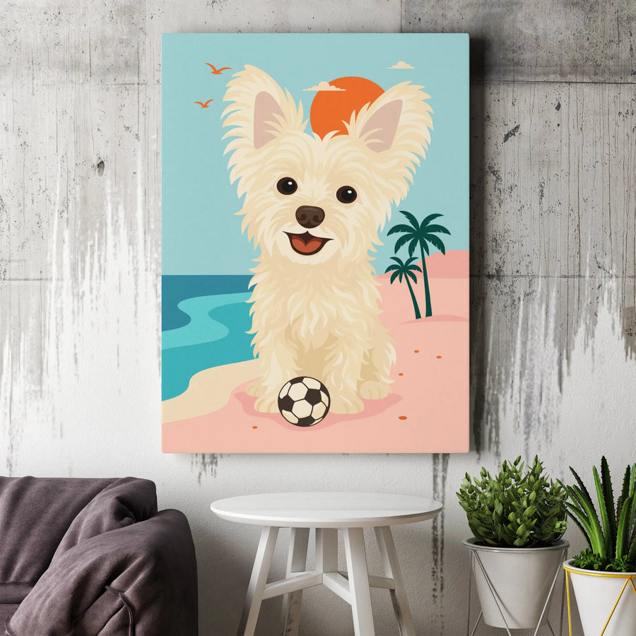 Cute Dog Beach Canvas Print | Retro Tropical Soccer Art | Premium Gallery Wrapped Wall Decor | Gift For Dog Lovers & Soccer Fans