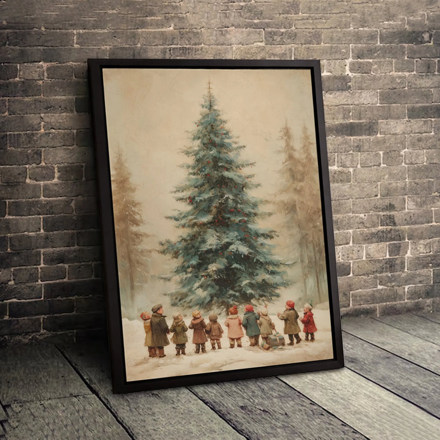 Vintage Christmas Tree Canvas Print | Children Snow Scene Art | 1.25" Gallery Wrap Premium Decor | Holiday Wall Art Gift For Home