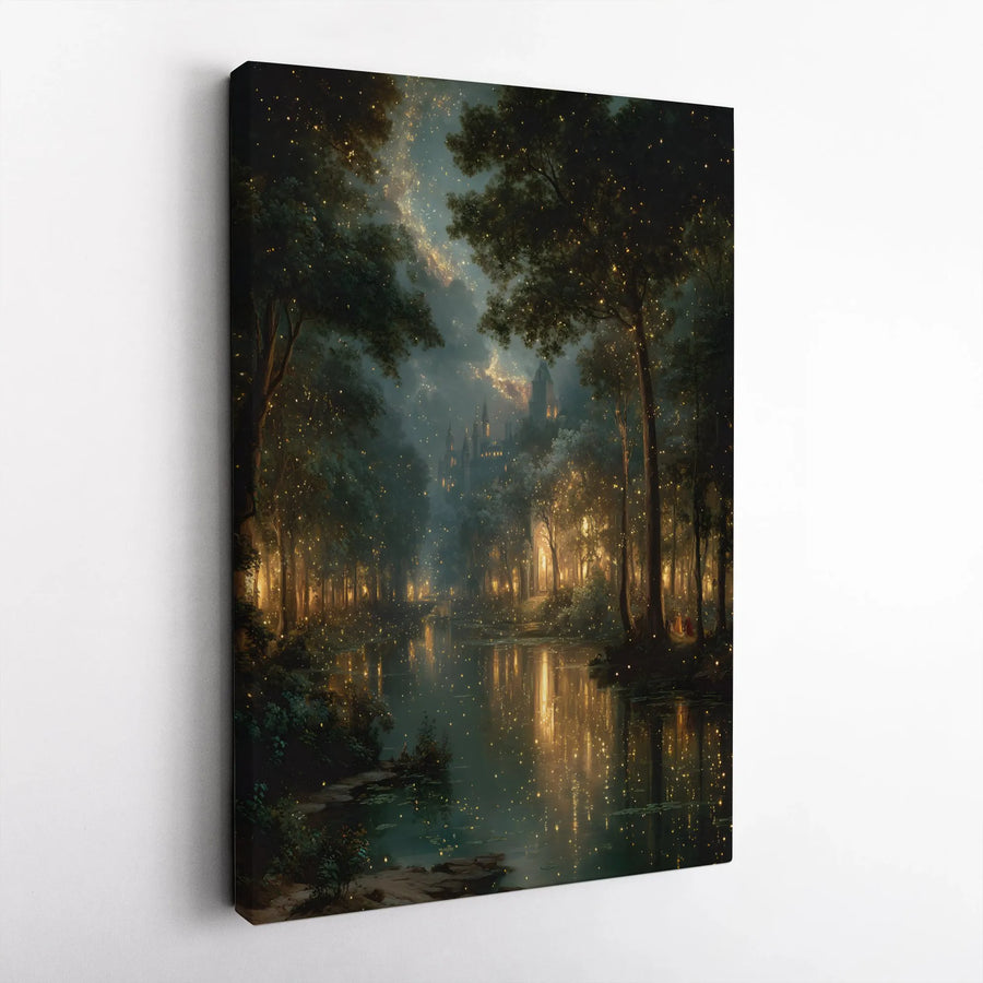 Enchanted Forest Canvas Print | Magical Firefly River & Castle Landscape | Premium Fade-Resistant Wall Art | Whimsical Home Decor Gift