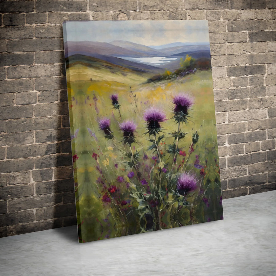 Scottish Thistle Wall Art | Highland Landscape Oil Painting Style | Premium Gallery Wrapped Canvas | Nature Inspired Living Room Home Decor