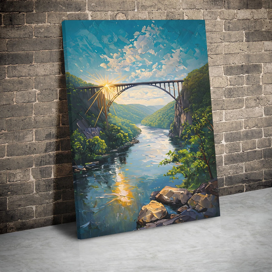 New River Gorge Bridge Canvas Print | Sunrise Landscape Oil Painting Style | 1.25-Inch Gallery Wrap | West Virginia Nature Wall Art Decor Gift