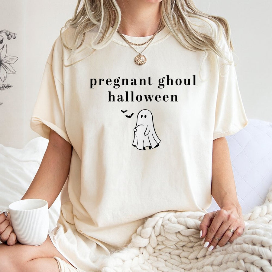 Pregnant Ghoul Halloween T-Shirt | Funny Ghost Baby Bump Reveal | Premium 100% Cotton | Spooky Season Maternity Gift For Expectant Moms