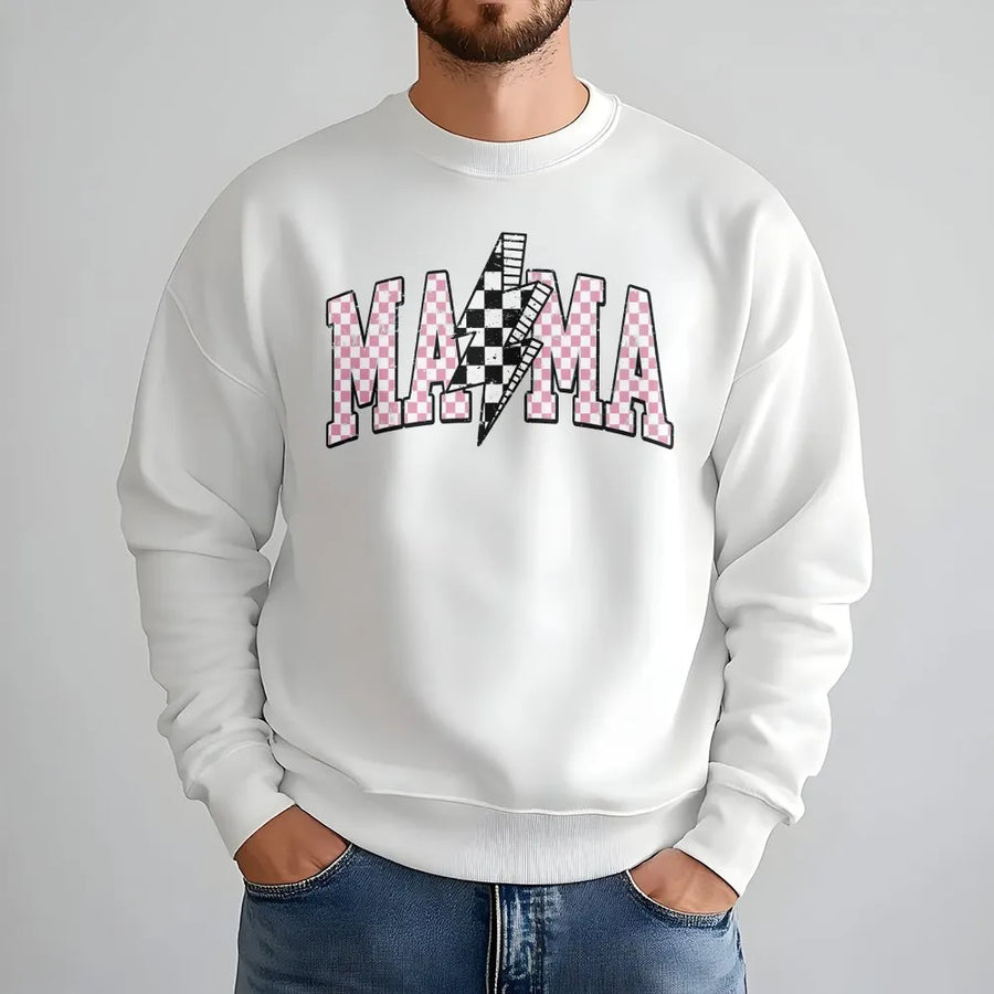 Retro Mama Sweatshirt | Checkerboard Lightning Bolt Varsity Graphic | Soft Cotton Blend | Mothers Day Gift for New Mom