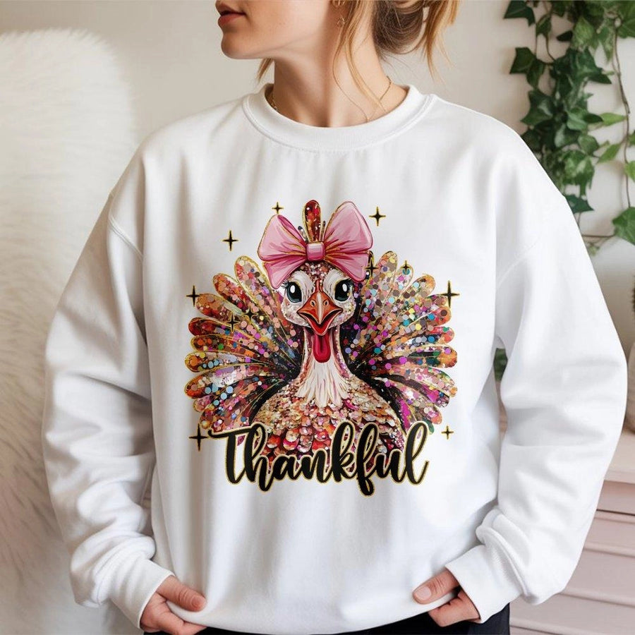 Thankful Turkey Sweatshirt | Coquette Pink Bow Fall Graphic | Soft Cotton Blend | Thanksgiving Gift for Women and Men